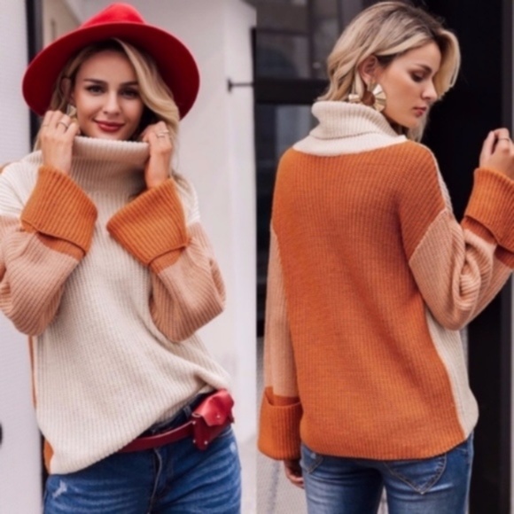 chic turtleneck color block cozy knit sweater - - Picture 2 of 7